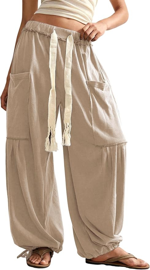 Springrain Women's Baggy Wide Leg Pants Casual Drawstring Harem Pants Bohemian Trousers with Big ... | Amazon (US)