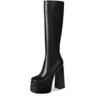 Amazon.com | wetkiss Stacked Platform Knee High Boots for Women, Chunky High Heeled Black PU Leat... | Amazon (US)