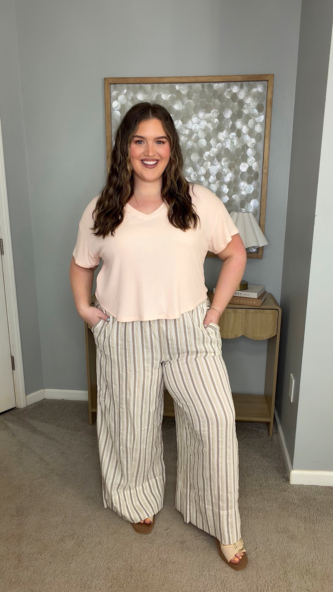 Breezy lightweight casual Spring OOTD 🧡 Light peach ribbed top, striped linen pants + sandals. Size XL top XXL bottoms

#LTKSaleAlert #LTKootd #LTKPlusSize