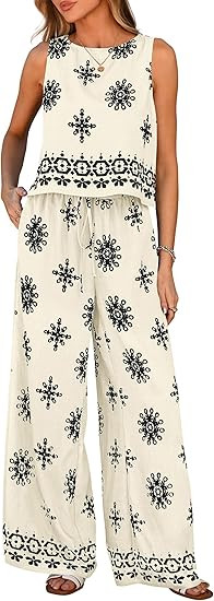 PRETTYGARDEN Women's 2026 Summer 2 Piece Lounge Sets Boho Floral Tank Tops Flowy Wide Leg Pants T... | Amazon (US)