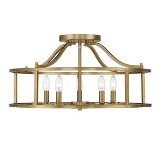 Stockton Large 24 in. 5-Light Warm Brass Semi-Flush Mount with Open Drum Shaped Frame | The Home Depot