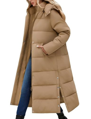 Jyanl Women Long Puffer Coat Thickened Quilted Jacket Winter Warm Parka Jacket Heavyweight Outwear Coat Full Zip Padded Jackets with Removable Hood Side Slits | Amazon (US)