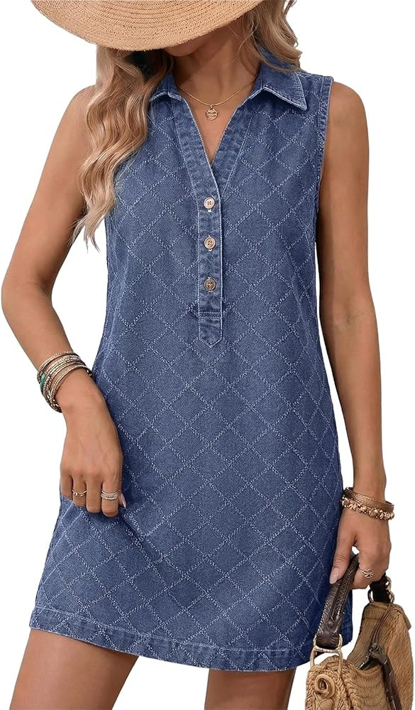 Dokotoo Denim Dress for Women Summer Casual Sleeveless V Neck Button Mini Jean Dersses with Pocke... | Amazon (US)