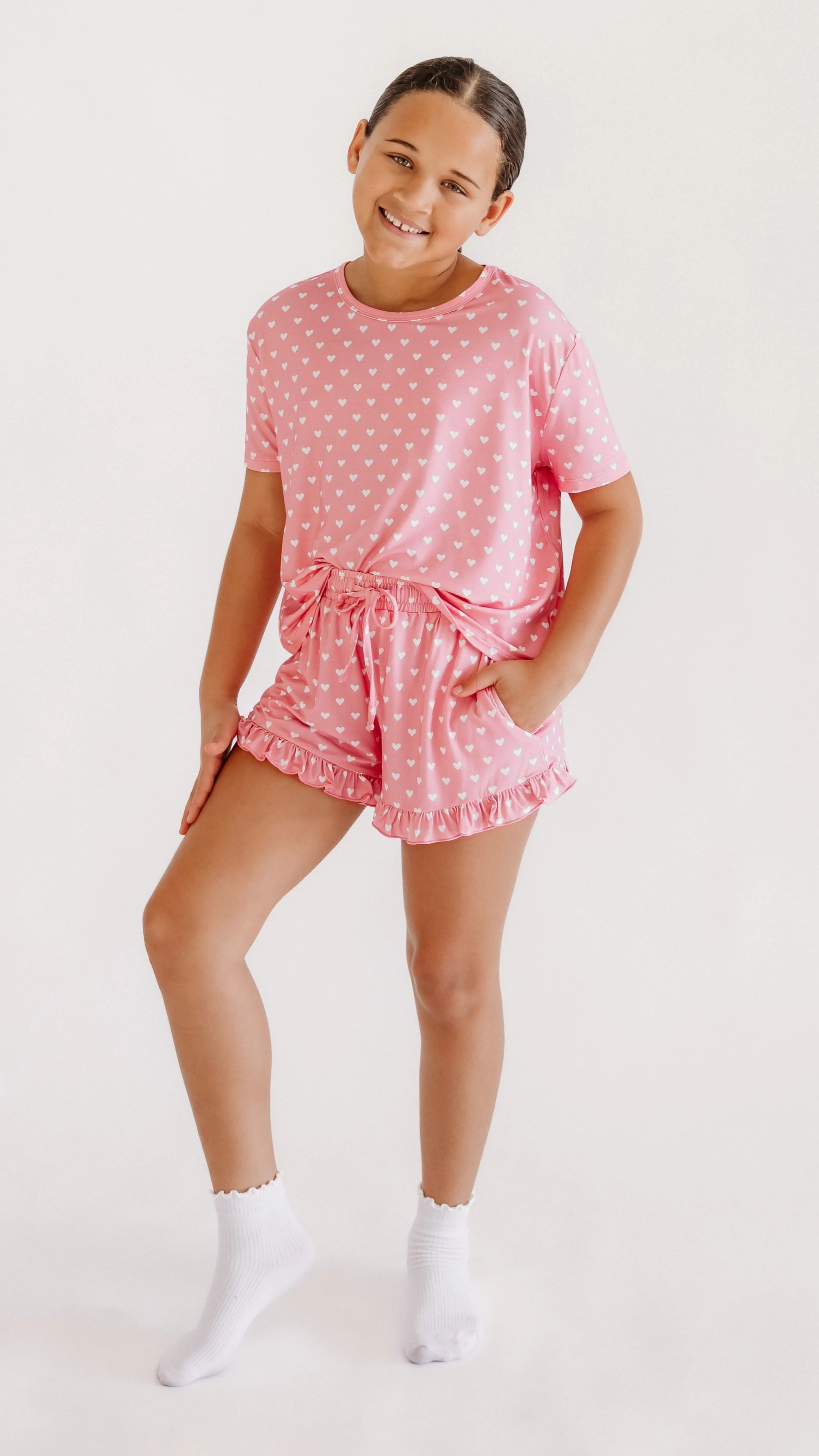 Girls Ruffle Set in Pink Hearts | Silks Design