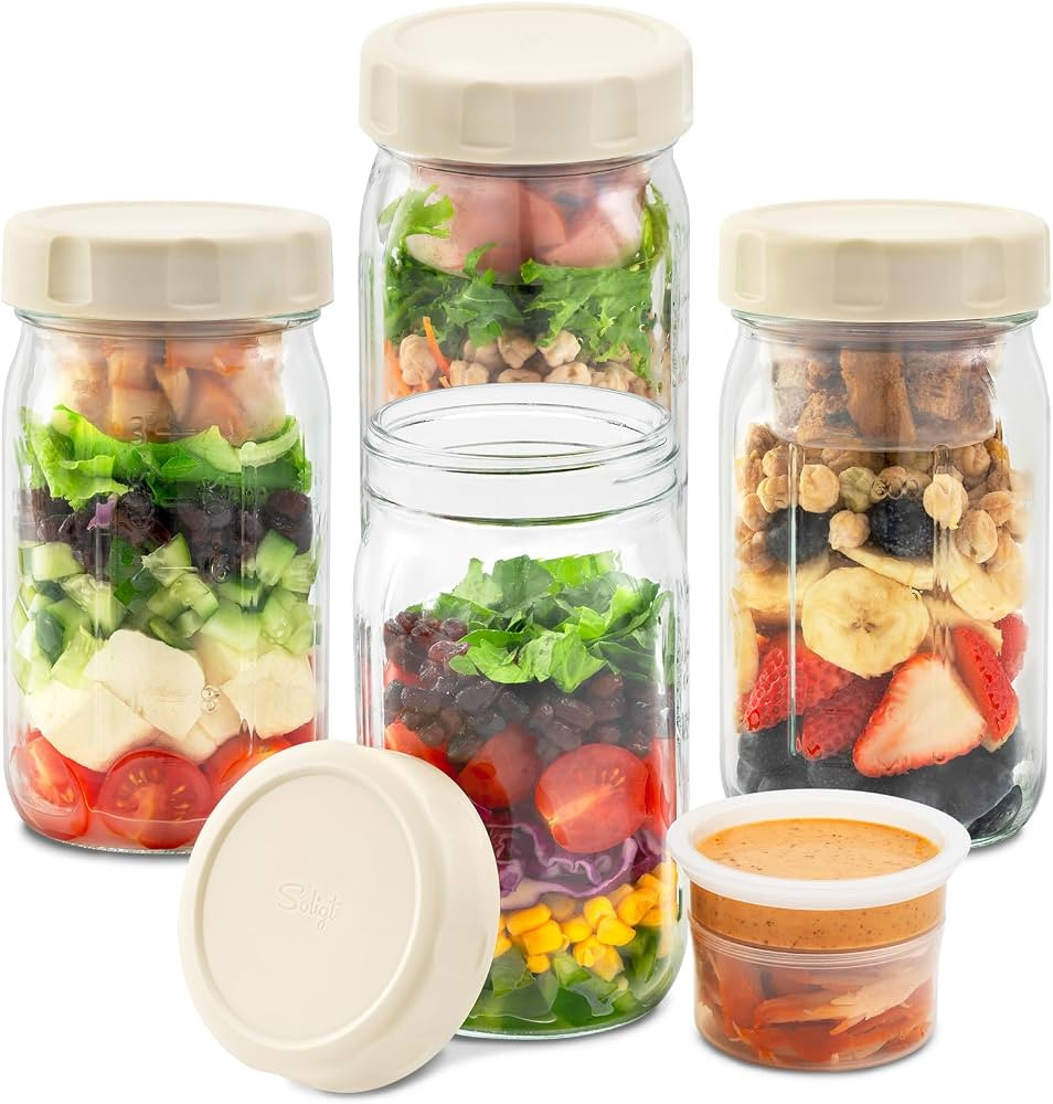 SOLIGT 4 Pack Glass Salad Jars with Lids Meal Prep, Leakproof Salad Container for Lunch, Two Smal... | Amazon (US)