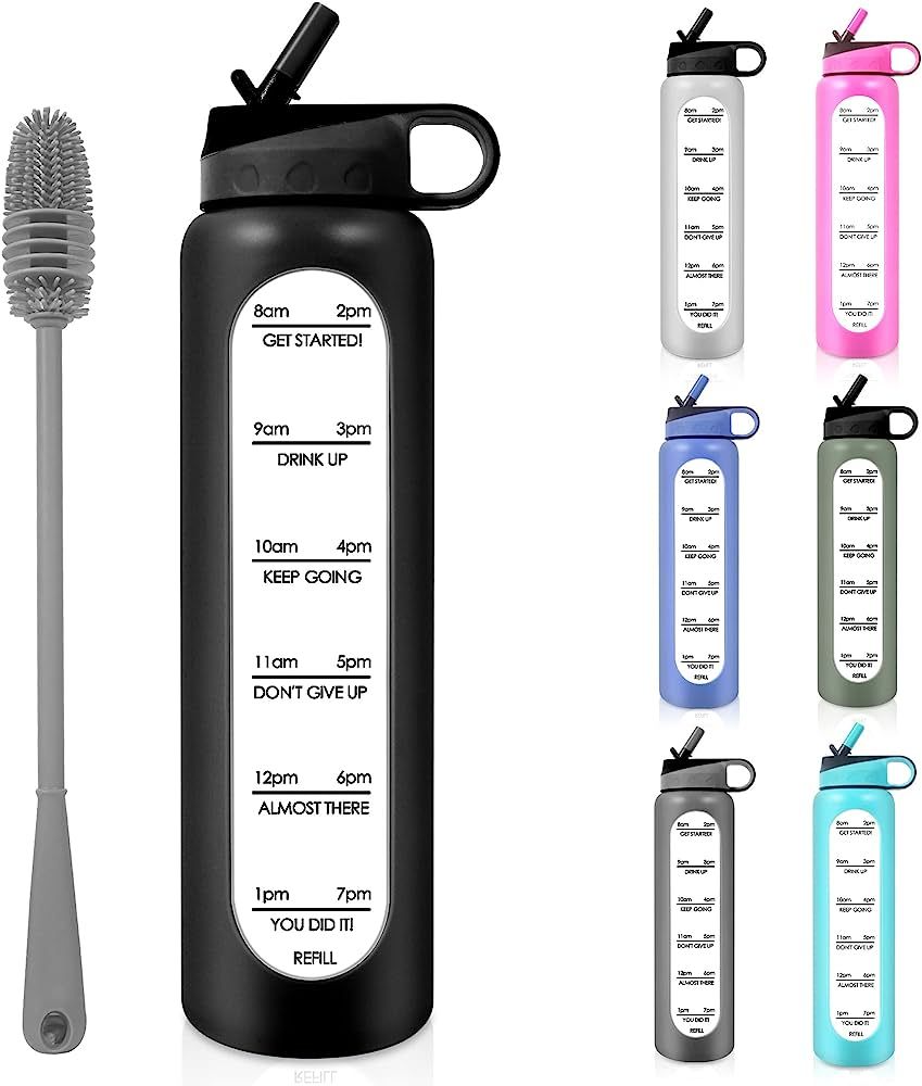 PROBTTL 32 Oz Borosilicate Glass Water Bottle with Time Marker & Straw with Bottle Brush - Leakpr... | Amazon (US)