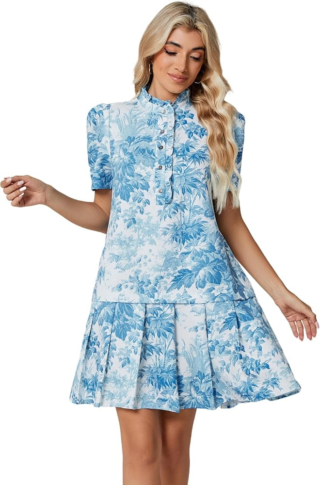 Women Floral Mini Dress Short Sleeve Stand Collar Button Up Elegant Work Swing Short Pleated Dres... | Amazon (US)