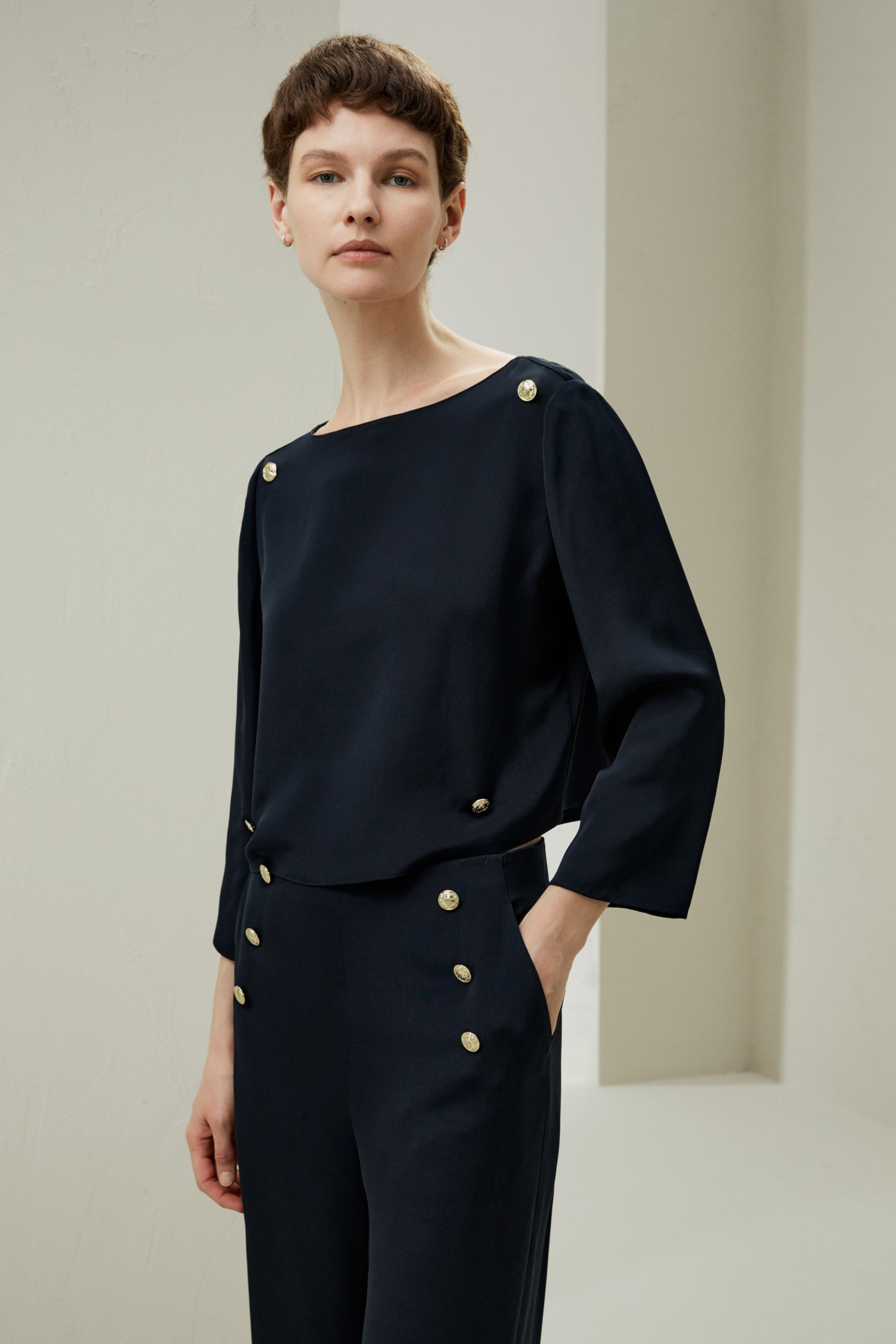 Dubrovnik 3/4 Sleeved Silk Top With Button Accents | LILYSILK