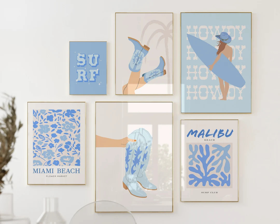 Beachy Coastal Cowgirl Printable Art, Set of 6 Prints, Western Surf Decor, Retro Light Blue Galle... | Etsy (US)