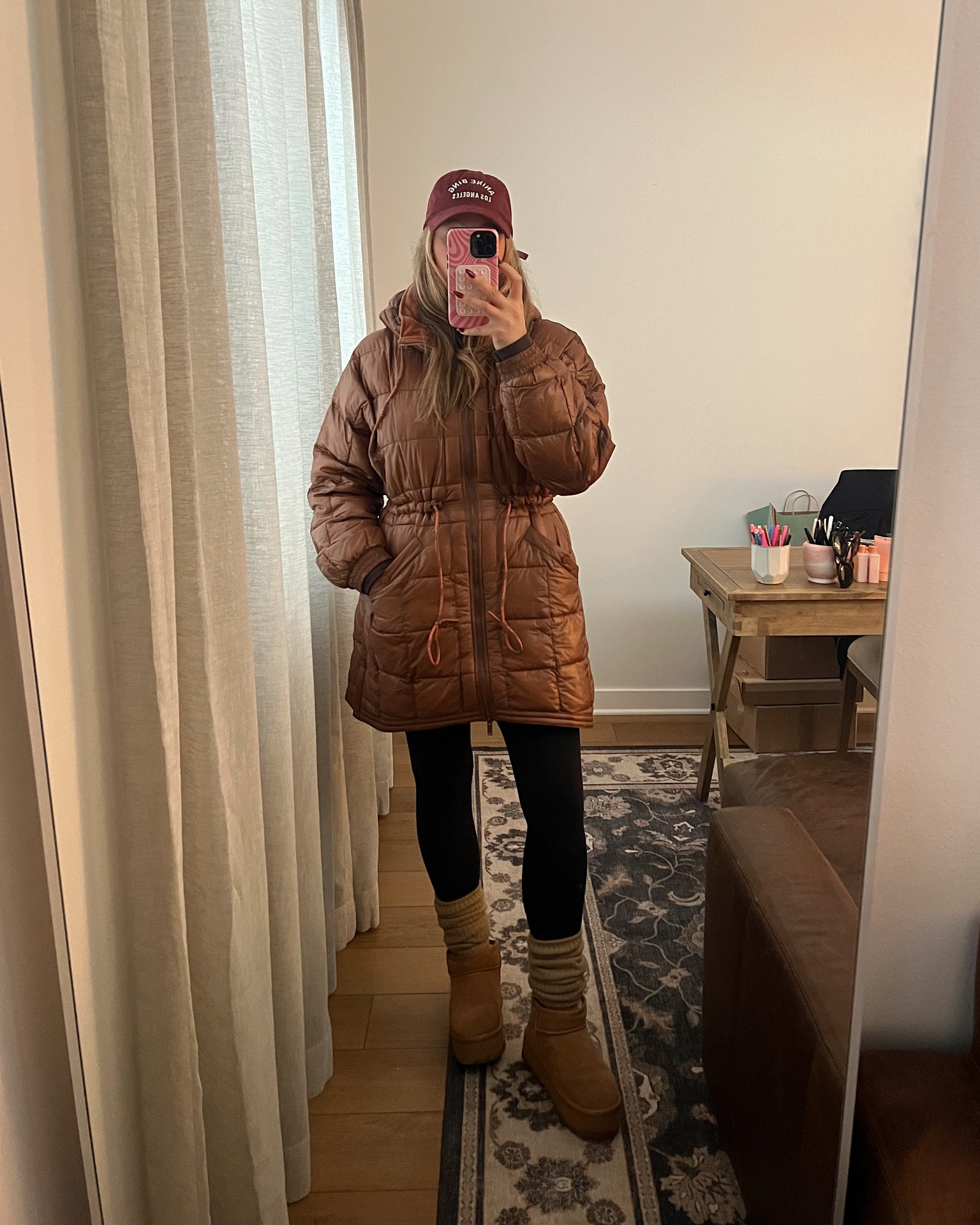 Size down in free people jacket!! Wearing a small. Lululemon leggings tts 8 + leg warmers + ugg boots true to size 