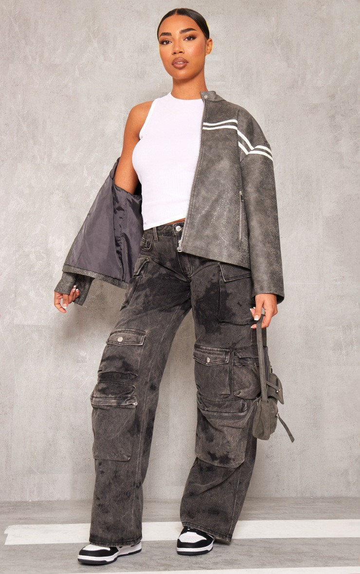 Tall Black Washed Denim Cargo Wide Leg Jeans | PrettyLittleThing US