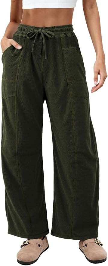 Athlisan Womens Corduroy Barrel Pants Casual Drawstring Waist Wide Leg Baggy Palazzo Trousers wit... | Amazon (US)