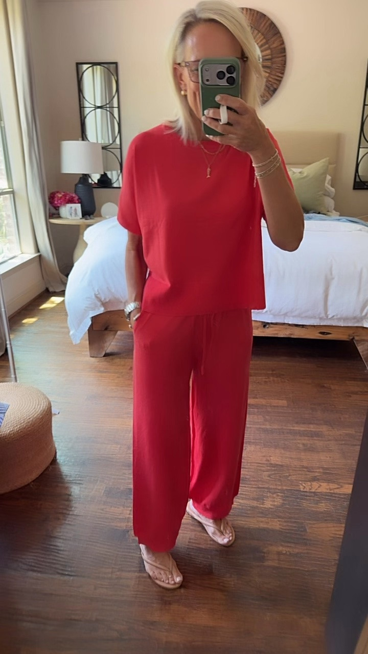 Love this comfy set 
The color of red is absolutely perfect! Comes in eight colors.

I’m in my true size of Small ￼

#LTKdayinmylife #LTKOver40 #LTKTravel
