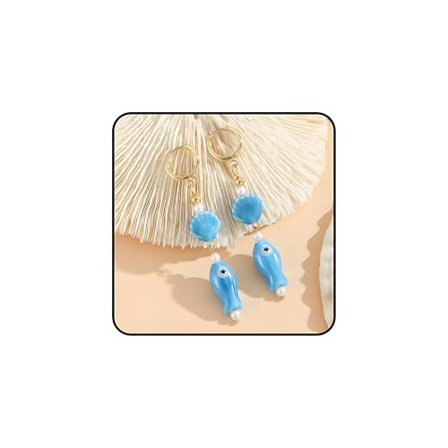 Fish Earrings For Women, Small Gold Hoop Y2K Light Blue Cute Seashell Drop Earring Summer Beach Ocean Pearl Beaded Elegant Waterproof Copper Trendy Statement Dangle Jewelry Gift (Blue) | Amazon (US)