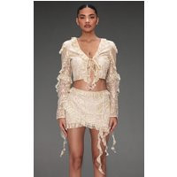 Champagne Sequin Lace Ruffle Detail Tie Front Blouse | PrettyLittleThing US