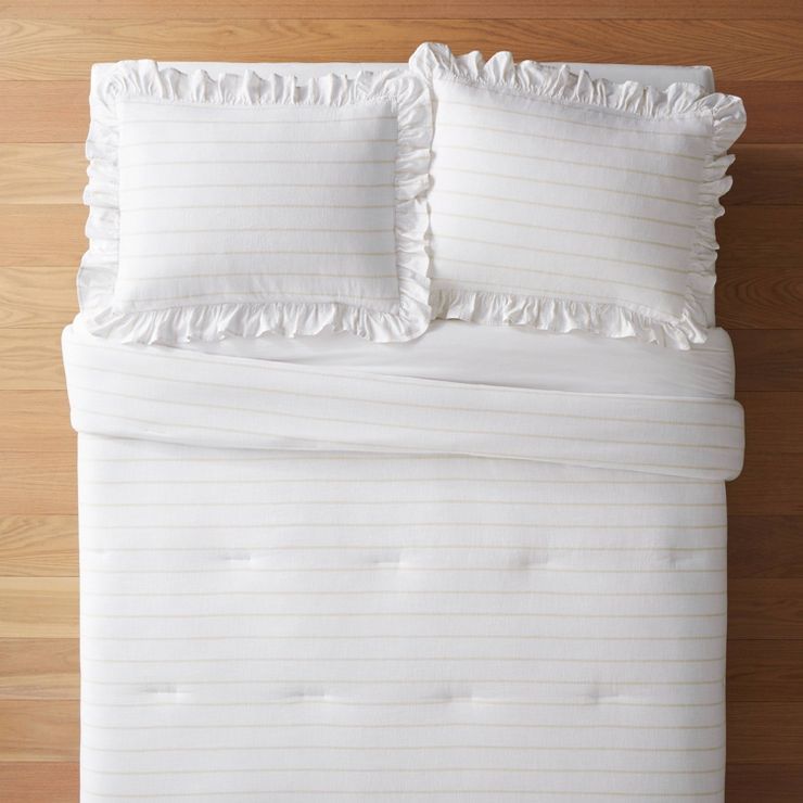 Yarn Dye Stripe with Ruffle Comforter & Sham Set White/Khaki - Threshold™ with Studio McGee | Target
