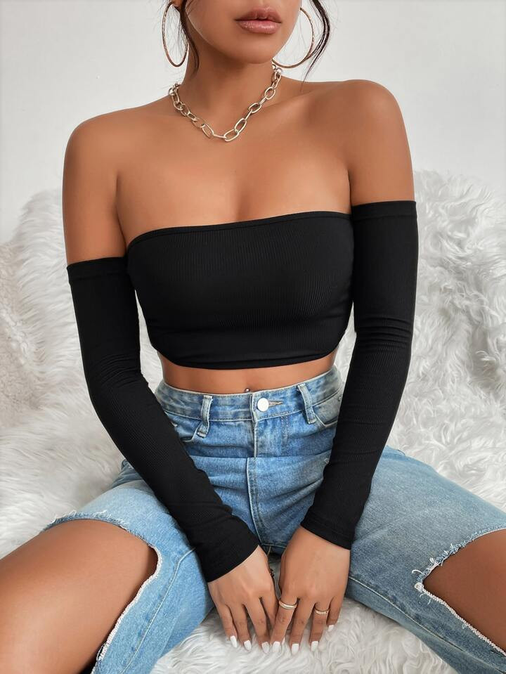 SHEIN PETITE Solid Off Shoulder Crop Off Shoulder Top | SHEIN
