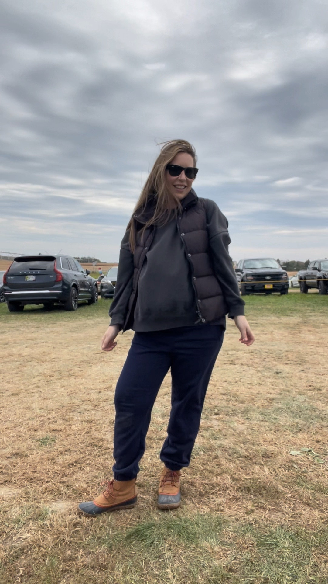 Windy day at the pumpkin patch! Wearing some of my favorite sweats for a morning outside. 🎃🍂🤎 The baggy wide leg sweatpants are my favorite. Not too thick, so soft. I ordered M and they are a nice loose fit even with the bump. Sized up to L in sweatshirts for more room. Boots are old Sorels! 

#LTKBump #LTKFindsUnder100 #LTKSeasonal