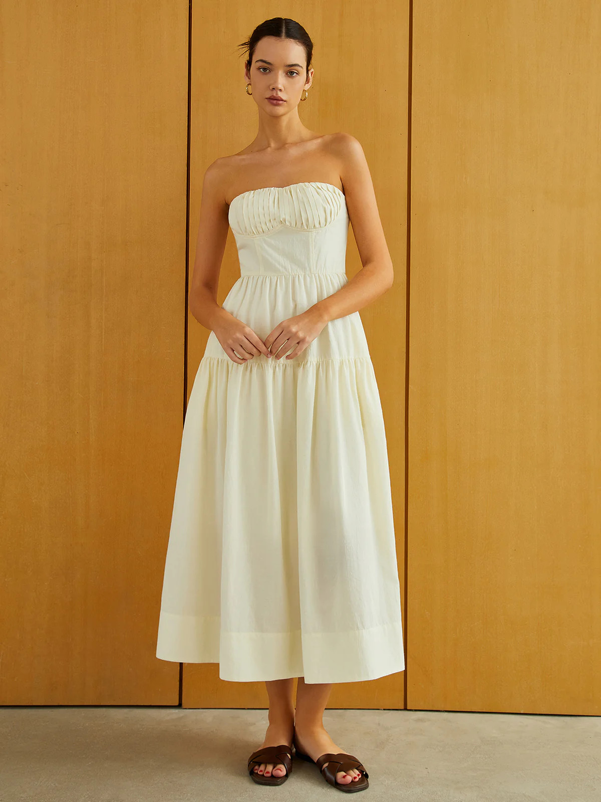 Creamy Zipper Pleated Midi Dress | Commense