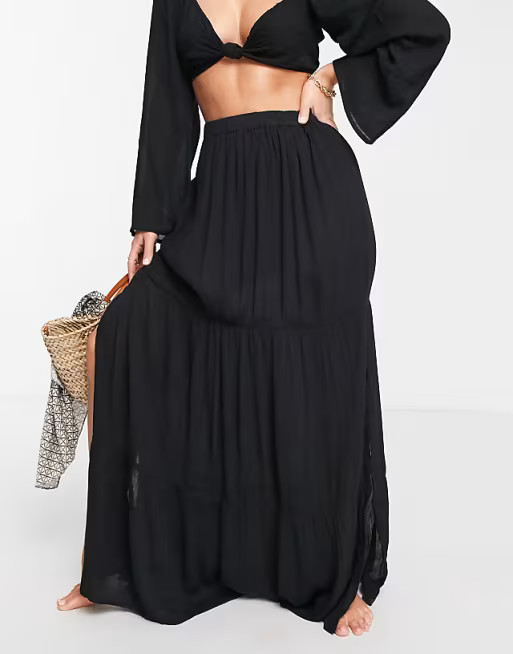 ASOS DESIGN crinkle tiered maxi beach skirt set in black | ASOS (Global)