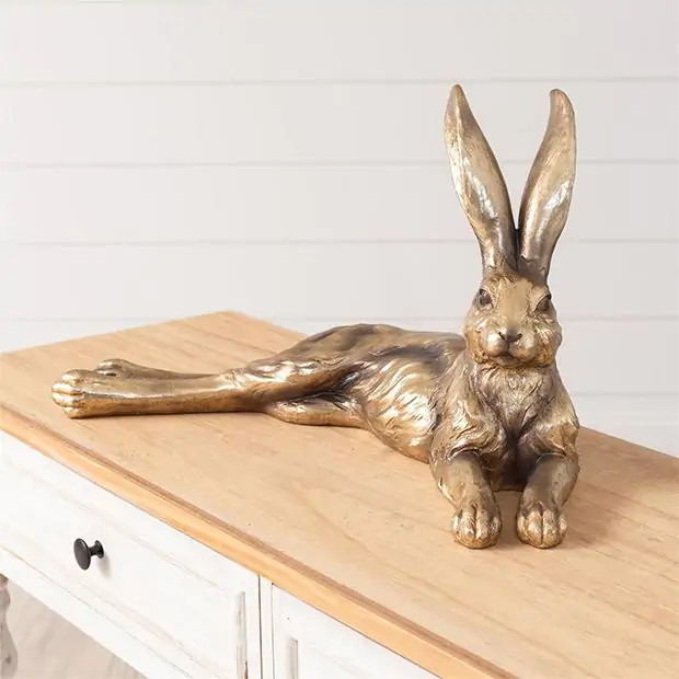 Gold Finish Laying Rabbit Figure | Antique Farm House