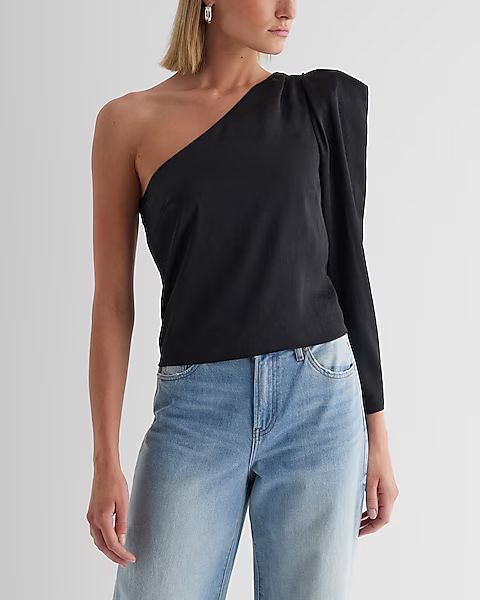 Satin One Shoulder Puff Sleeve Top | Express