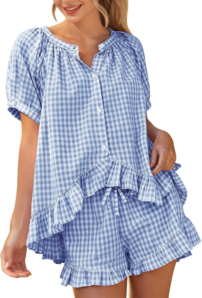 PEHMEA Women's Gingham 2 Piece Pajama Set Cotton Pj Ruffle Babydoll Short Sleeve Shirt Lounge Sho... | Amazon (US)