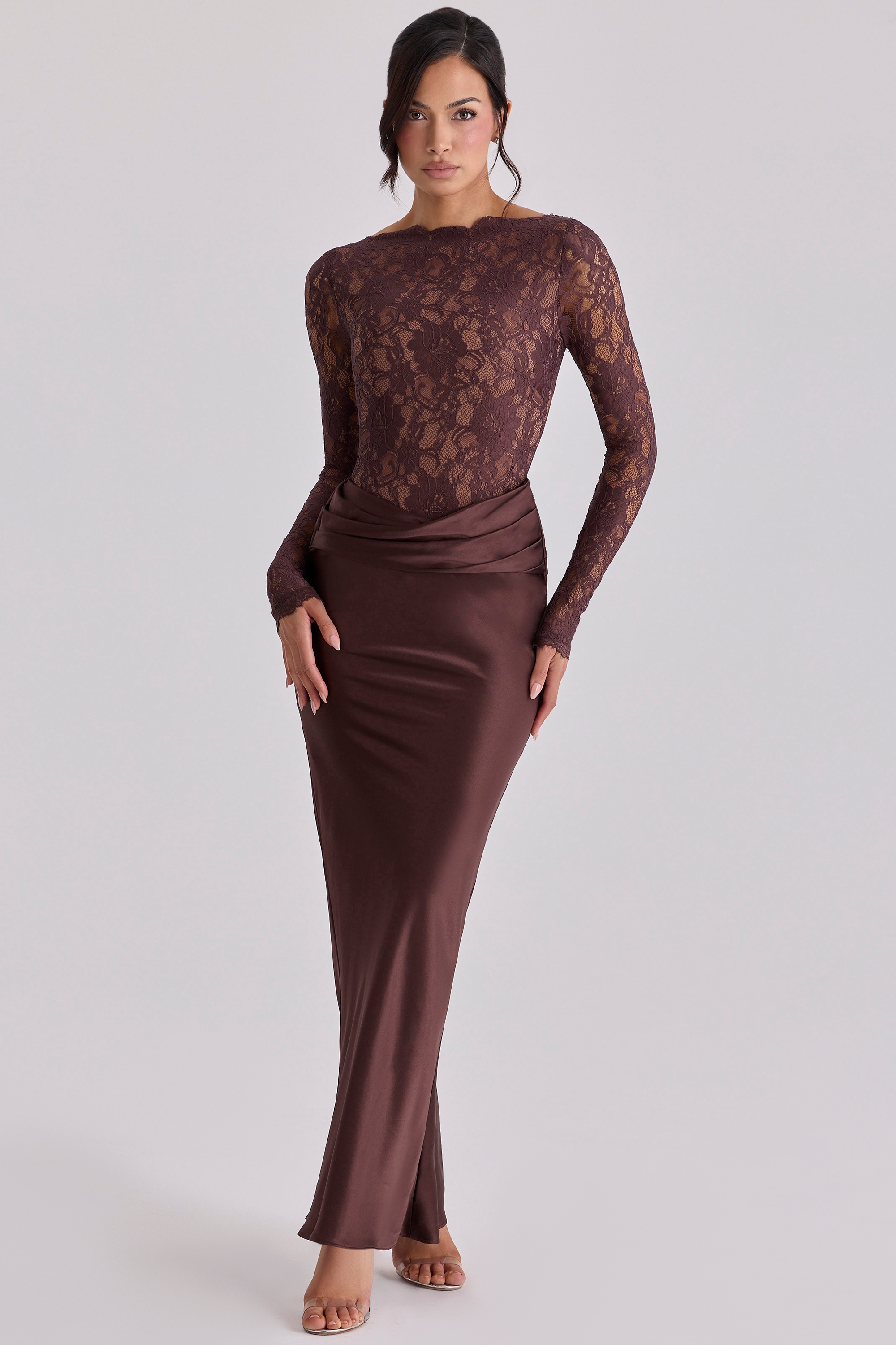espresso brown lace + satin draped maxi dress | House of CB