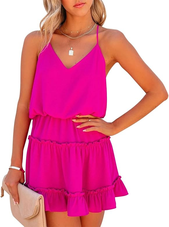 Newffr Womens V Neck Summer Dress Sleeveless Mini Dress Ruffle Dress Spaghetti Strap Racerback Sun F | Amazon (US)