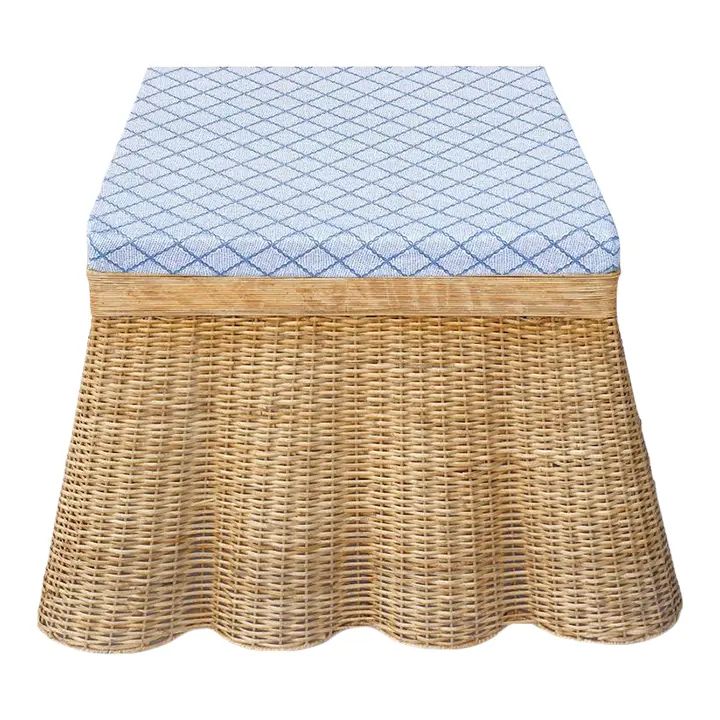 Scalloped Wicker Coffee Table / Large Ottoman with Cushion, Diamond Pattern in Blue | Chairish