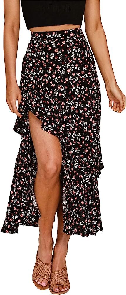 BTFBM Women 2024 Summer Spring Boho Long Skirts Dress Floral Print Elastic Waist Split Ruffle Hig... | Amazon (US)