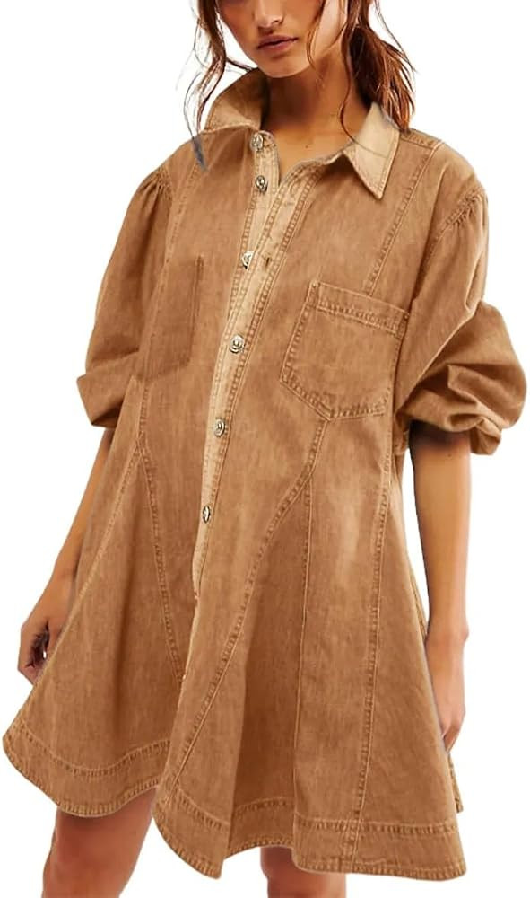 utcoco Womens Long Sleeve Button Down Denim Dress A Line Swing Ruffle Midi Jean Dress with Pocket... | Amazon (US)