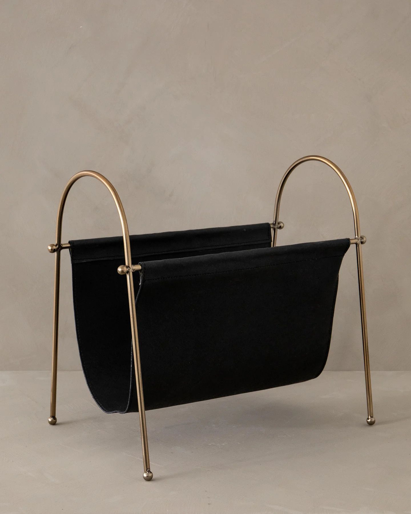 Leather & Brass Sling Magazine Stand | The Vintage Rug Shop