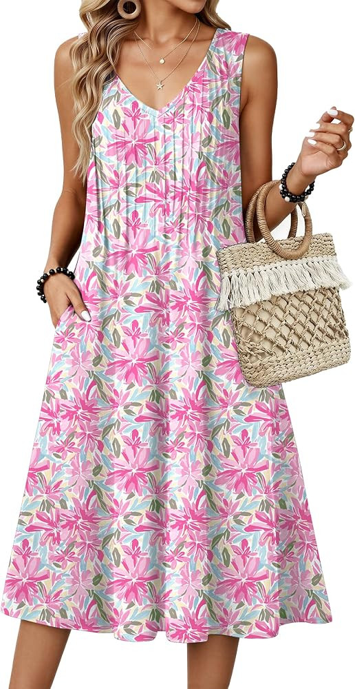 Zeagoo Women Summer Casual Dresses 2026 Sleeveless Midi Pleated Tank Sundress with Pockets V Neck... | Amazon (US)