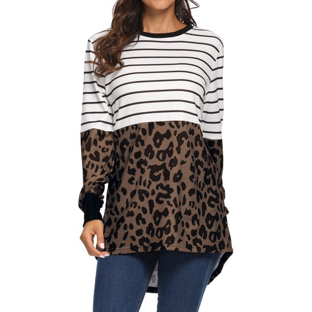 Nlife Women Leopard Stripe Patchwork Long Sleeve Asymmetric Hem Shirt - Walmart.com | Walmart (US)
