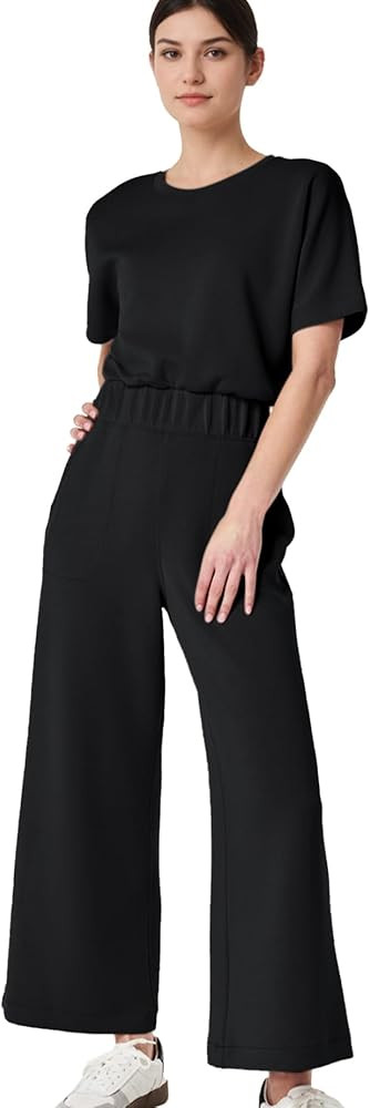 Jumpsuits for Women Casual Short Sleeve Cropped Wide Leg Pants Summer Loose One Piece Romper Jump... | Amazon (US)