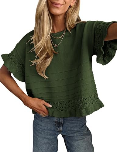 Yeokou Womens Short Sleeve Sweater Round Neck Ruffled Hem Knit Crochet Pullover Summer Fall Casua... | Amazon (US)