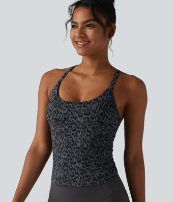 Women’s Halara UltraSculpt™ Leopard Print Scoop Neck Built-in Bra Crossover Hem Yoga Tank Top... | HALARA