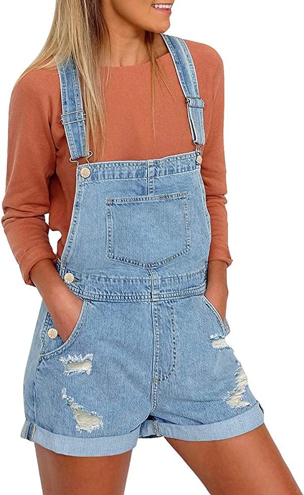 Vetinee Women's Classic Adjustable Straps Cuffed Hem Denim Bib Overalls Shorts | Amazon (US)