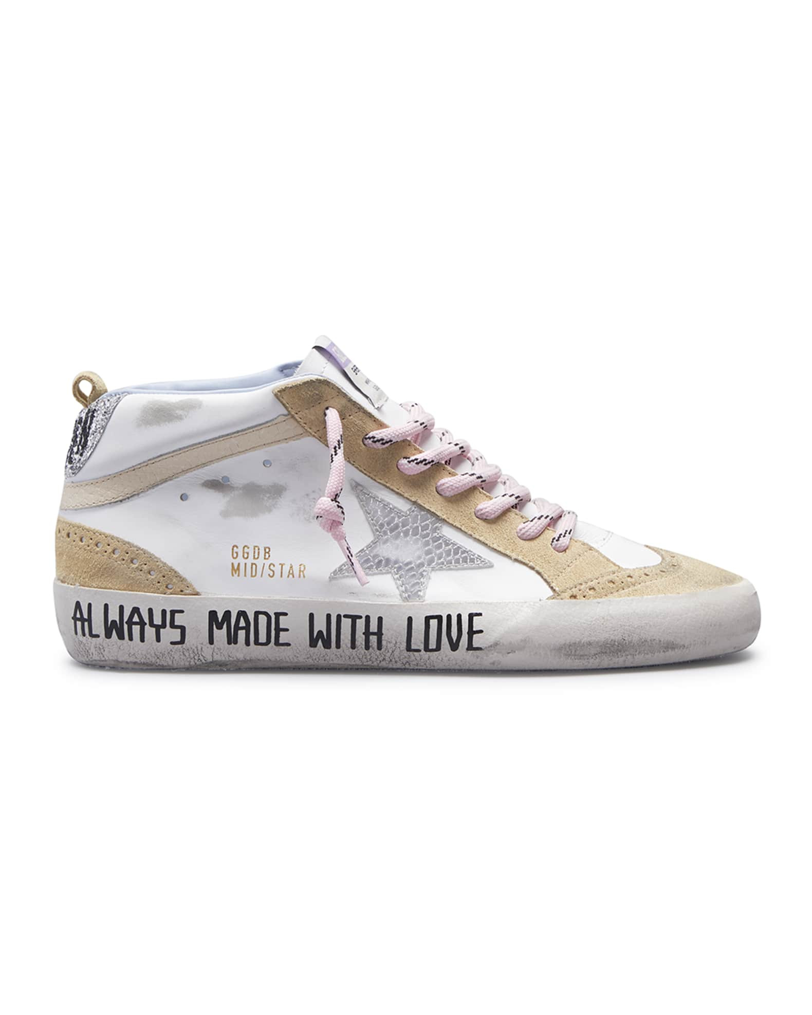 Golden Goose Mid Star Mixed Leather Glitter Script Sneakers | Neiman Marcus