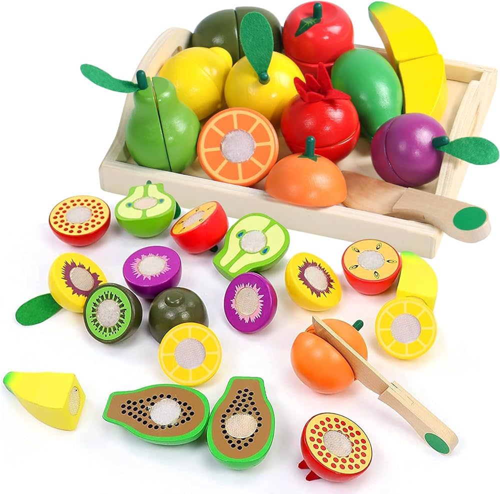 Fajiabao Wooden Play Food Sets Montessori Toys for 2 Year Old Play Kitchen Accessories Kids Cutti... | Amazon (US)