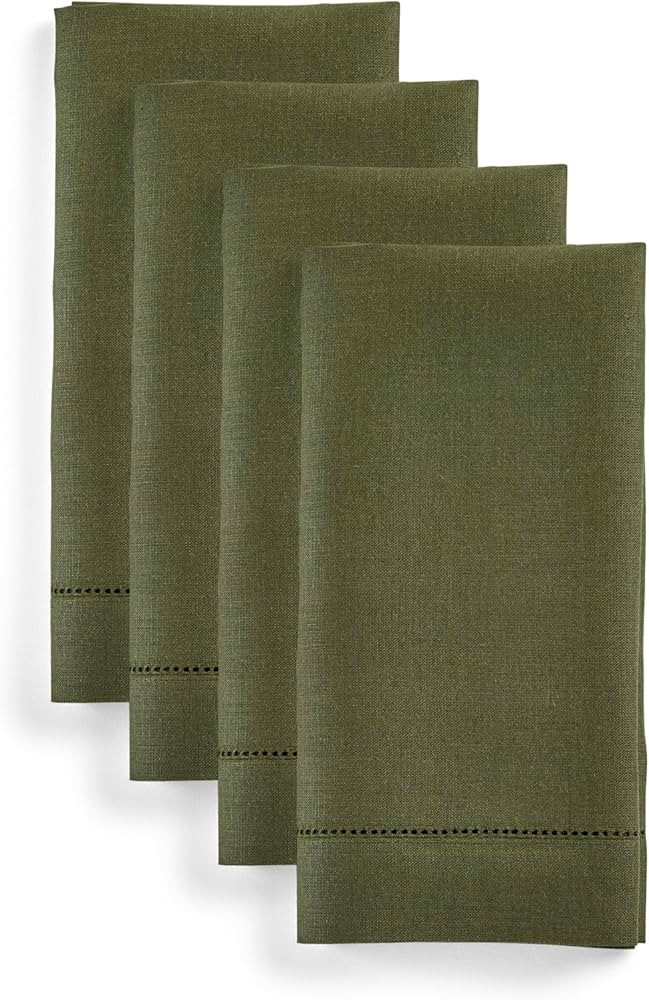 Solino Home Linen Napkins Set of 4 – 100% Pure Linen Olive Cloth Napkins 20 x 20 Inch – Classic Hemstitch Dinner Napkins for Fall, Thanksgiving | Amazon (US)