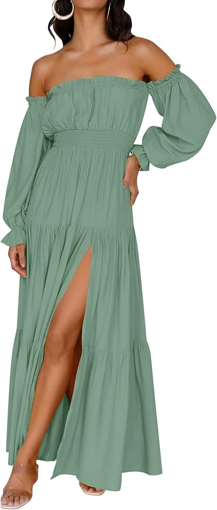 ZESICA Women's 2025 Boho Sexy Off Shoulder Long Sleeve Smocked High Waist Side Split Flowy A Line... | Amazon (US)