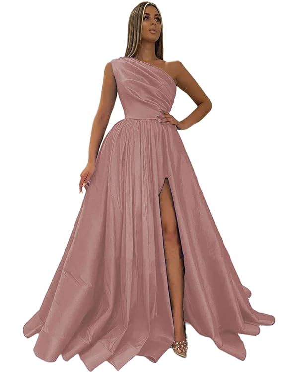 XYAYE One Shoulder Satin Prom Dresses with Slit Long Formal Evening Gowns with Pockets for Women ... | Amazon (US)