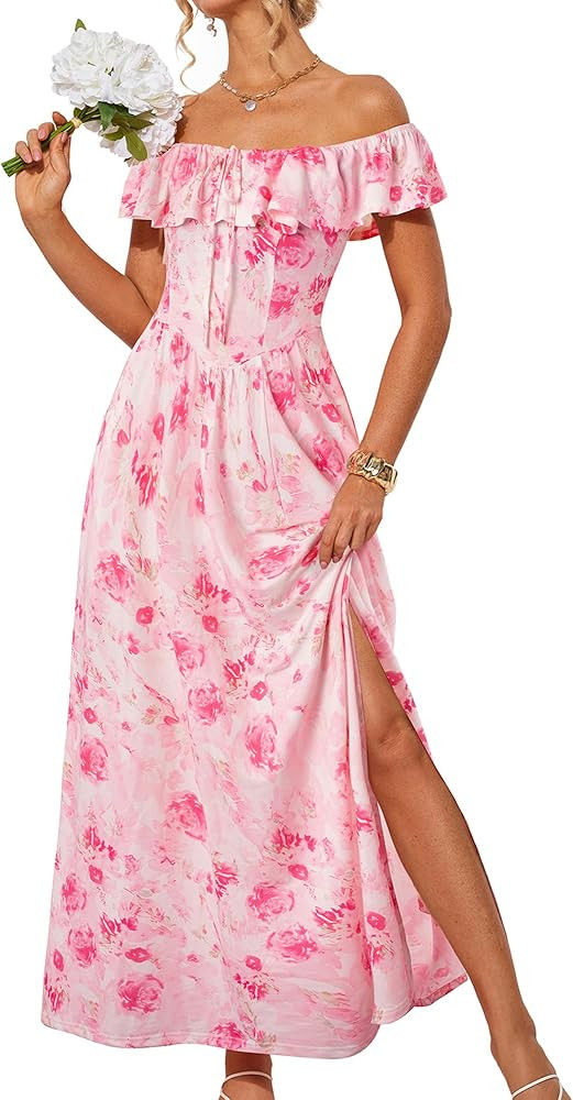 GRACE KARIN 2025 Womens Maxi Dresses Summer Off Shoulder Floral Dress Ruffle Split Beach Flowy Bo... | Amazon (US)