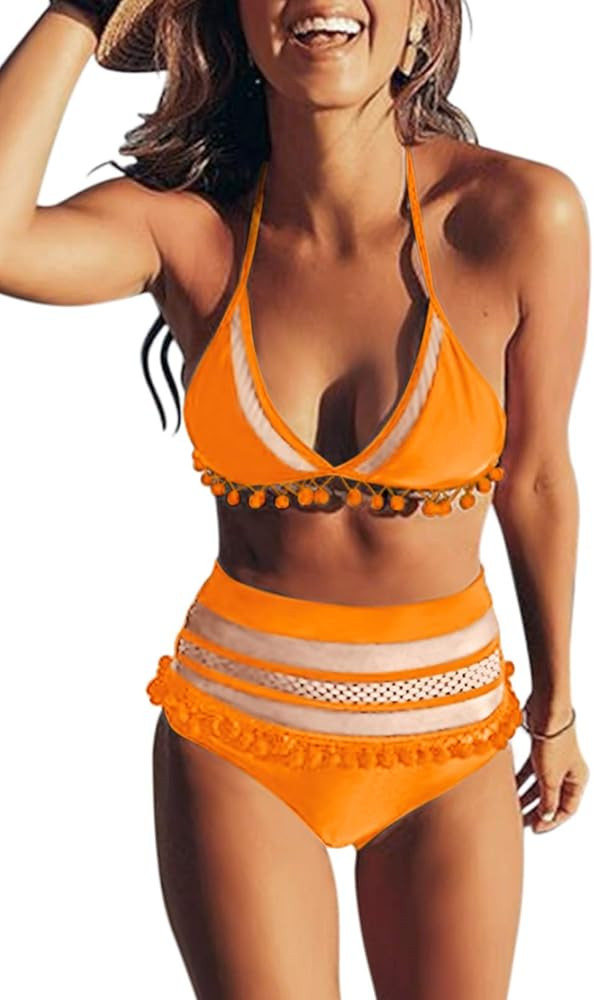 Dokotoo Womens High Waist Two Pieces Bikini Set Striped Tassel Swimsuit | Amazon (US)