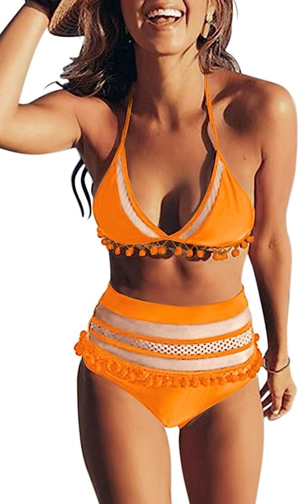 Dokotoo Womens High Waist Two Pieces Bikini Set Striped Tassel Swimsuit | Amazon (US)