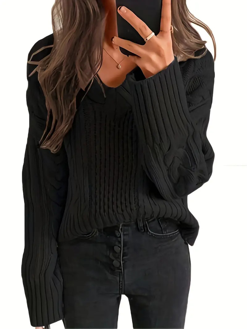 Solid Cable Knit V-neck Swater, Versatile Long Sleeve Knitted Pullover Top, Women's Clothing | Temu Affiliate Program