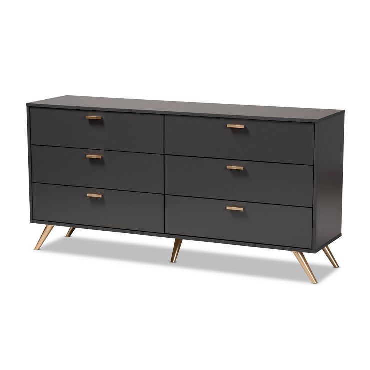 Kelson Wood 6 Drawer Dresser Dark Gray/Gold - Baxton Studio | Target