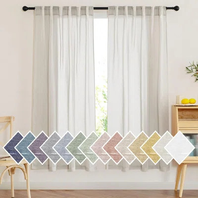 Sheer Linen Curtains for Living Room, Rod Pocket & Back Tab Semi Sheer Drapes Privacy Semitransparent Faux Flax Open Linen Panels for Study Room | Wayfair North America